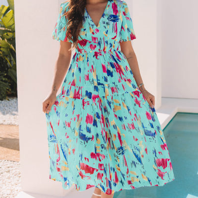 Roselyn Abstract Short Puff Sleeve Tiered Maxi Dress