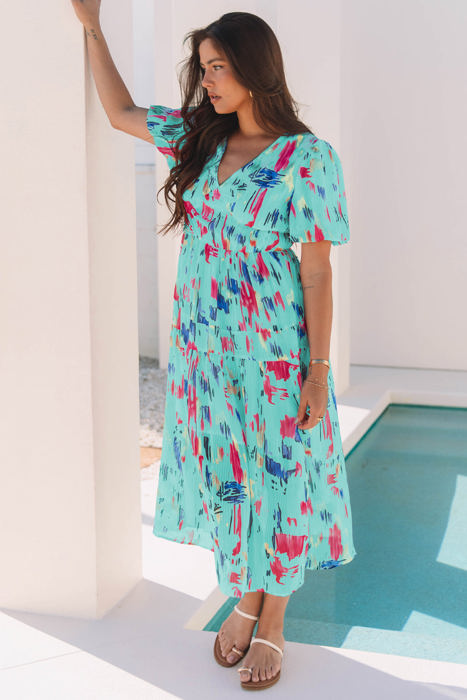 Roselyn Abstract Short Puff Sleeve Tiered Maxi Dress