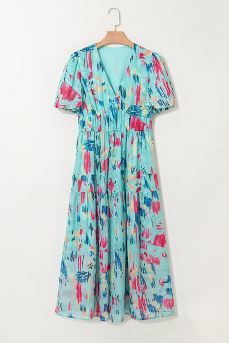 Roselyn Abstract Short Puff Sleeve Tiered Maxi Dress