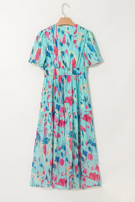 Roselyn Abstract Short Puff Sleeve Tiered Maxi Dress