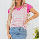  Rosie Stripe Ruffled V Neck Cap Puff Sleeve Top