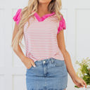  Rosie Stripe Ruffled V Neck Cap Puff Sleeve Top