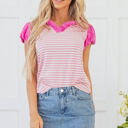  Rosie Stripe Ruffled V Neck Cap Puff Sleeve Top