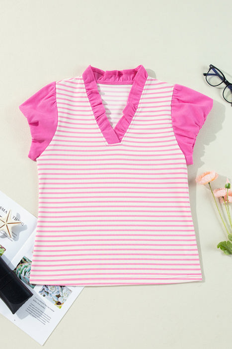 Rosie Stripe Ruffled V Neck Cap Puff Sleeve Top