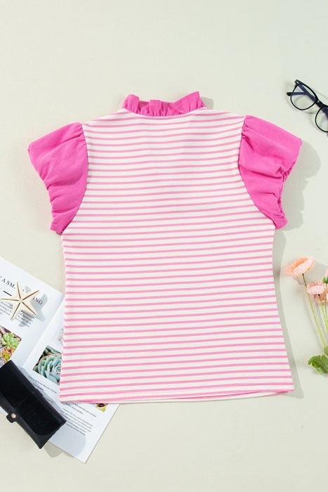 Rosie Stripe Ruffled V Neck Cap Puff Sleeve Top