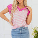 Pink Stripe Large Rosie Stripe Ruffled V Neck Cap Puff Sleeve Top