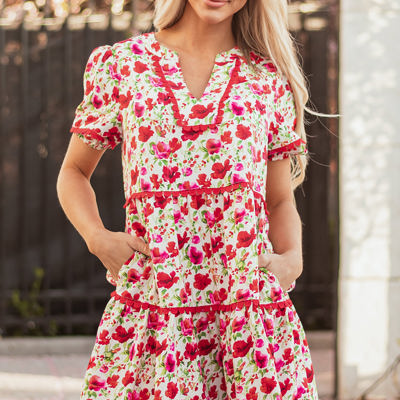 Ruby Floral Puff Sleeve Tiered Ric Rac Pocketed Mini Dress