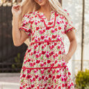  Ruby Floral Puff Sleeve Tiered Ric Rac Pocketed Mini Dress