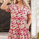  Ruby Floral Puff Sleeve Tiered Ric Rac Pocketed Mini Dress