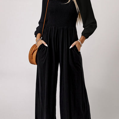 Ryleigh Smocked Square Neck Long Sleeve Wide Leg Jumpsuit