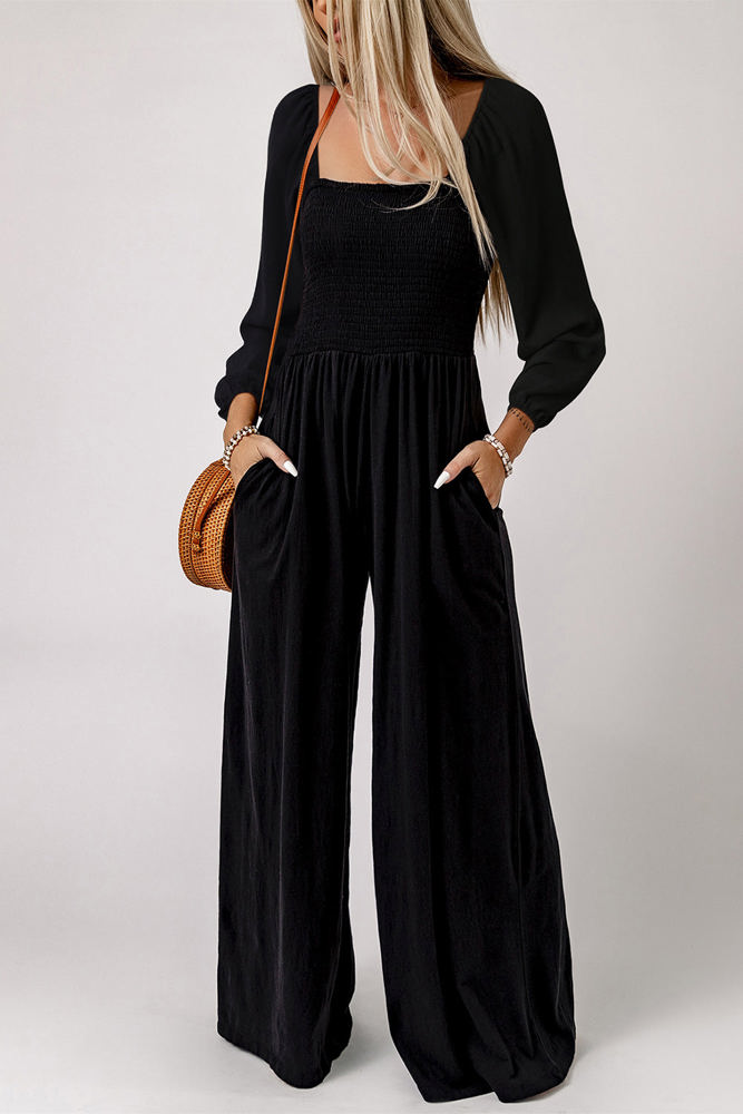 Ryleigh Smocked Square Neck Long Sleeve Wide Leg Jumpsuit