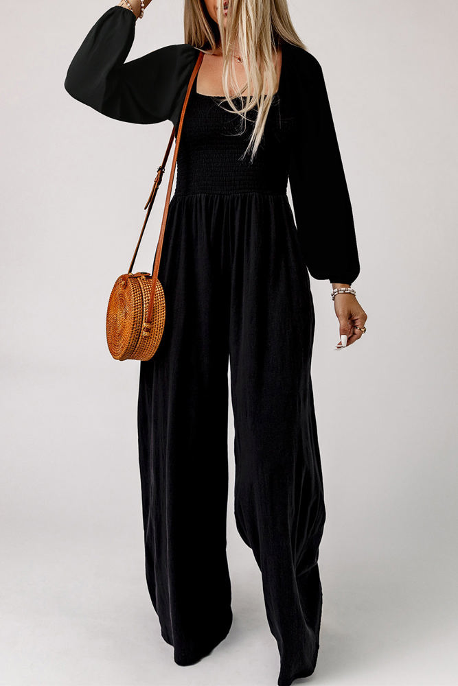 Ryleigh Smocked Square Neck Long Sleeve Wide Leg Jumpsuit