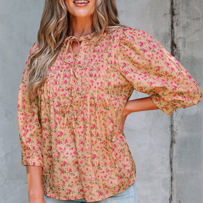 Sadie Floral Bow Pin-tuck Bust Half Puff Sleeve Blouse