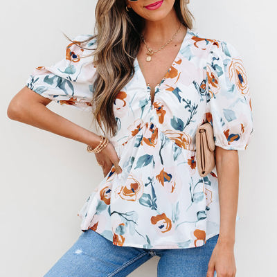 Salome Floral Puff Sleeve V Neck Babydoll Blouse