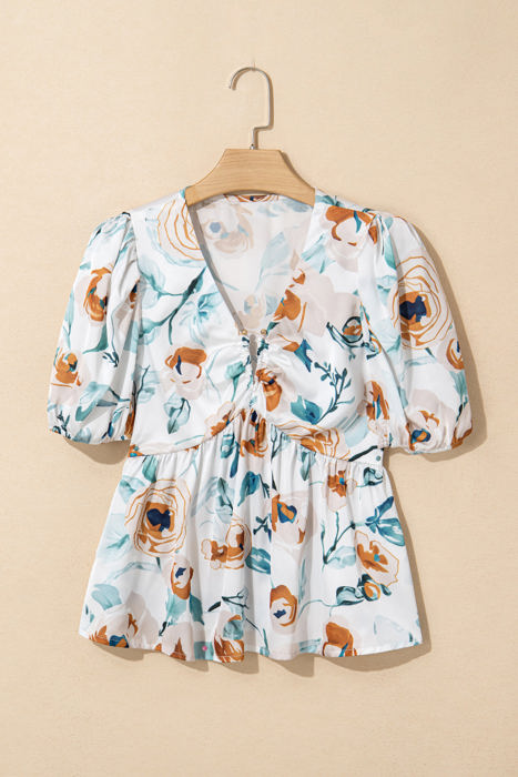 Salome Floral Puff Sleeve V Neck Babydoll Blouse