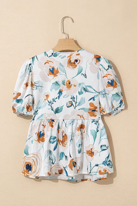 Salome Floral Puff Sleeve V Neck Babydoll Blouse