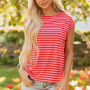  Sarahi Stripe Ribbed Cap Sleeve Round Neck Top