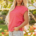 Sarahi Stripe Ribbed Cap Sleeve Round Neck Top