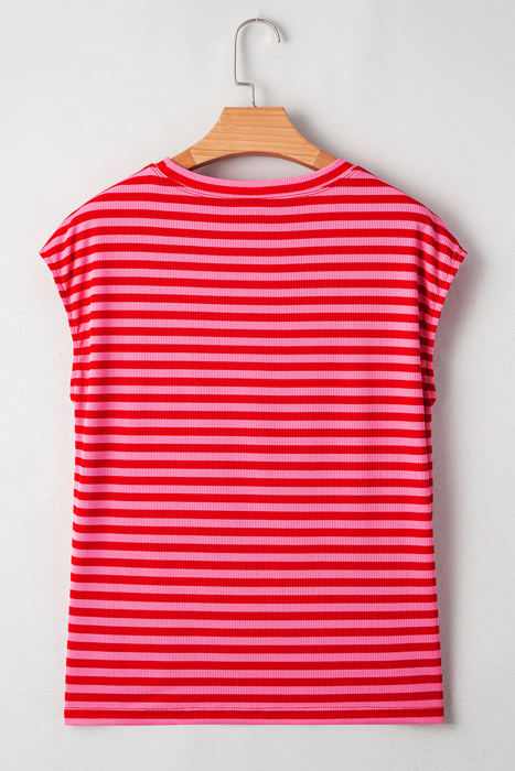 Sarahi Stripe Ribbed Cap Sleeve Round Neck Top