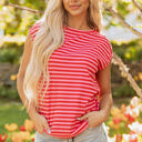 Red Stripe XL Sarahi Stripe Ribbed Cap Sleeve Round Neck Top