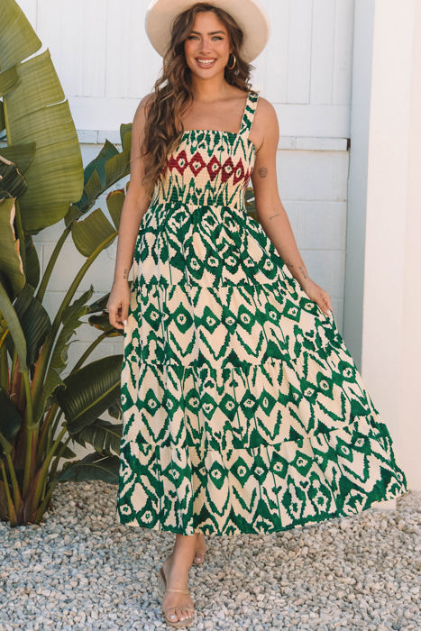 Sarahi Western Aztec Shirred A-line Sleeveless Maxi Dress