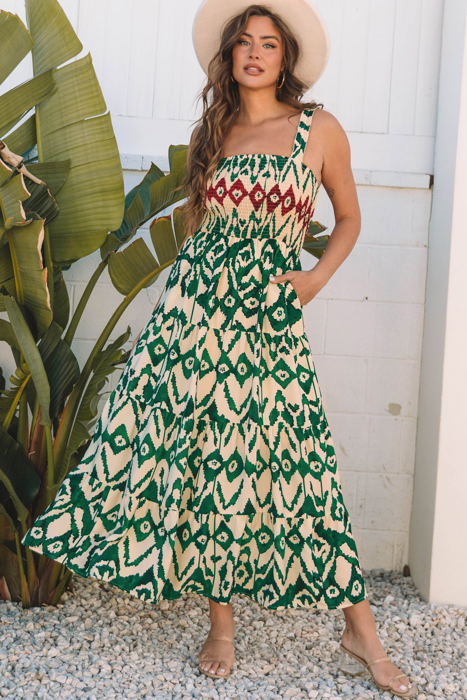 Sarahi Western Aztec Shirred A-line Sleeveless Maxi Dress