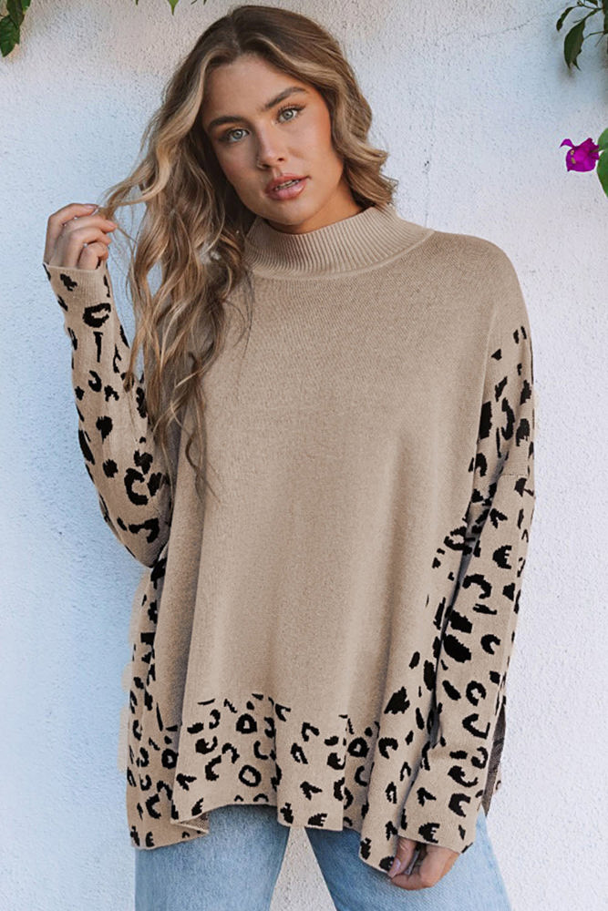 Sarai Leopard High Neck Side Slit Oversized Sweater