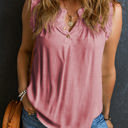 Pink Small Savan Button Split Neck Ruffled Trim Tank Top