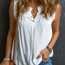 White Small Savan Button Split Neck Ruffled Trim Tank Top