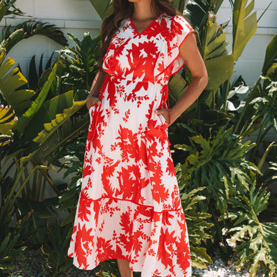 Scarlett Floral Trimmed V Neck Ruffle Sleeve Long Dress