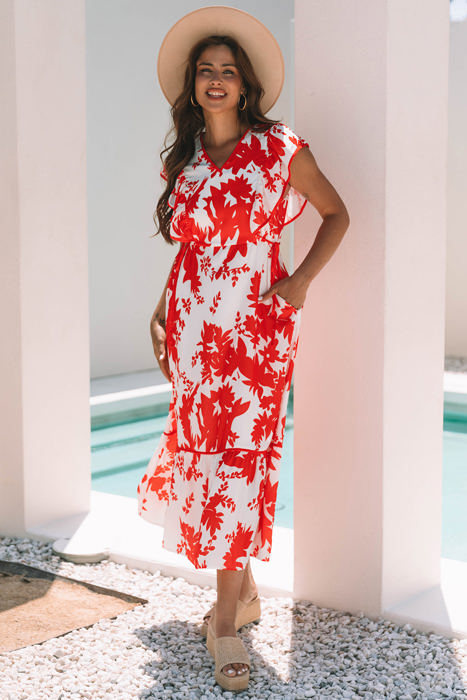 Scarlett Floral Trimmed V Neck Ruffle Sleeve Long Dress