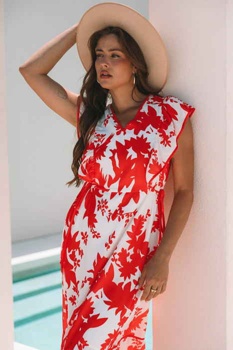Scarlett Floral Trimmed V Neck Ruffle Sleeve Long Dress