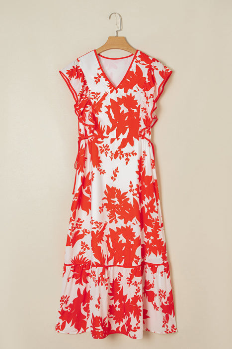 Scarlett Floral Trimmed V Neck Ruffle Sleeve Long Dress