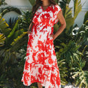 Red XL Scarlett Floral Trimmed V Neck Ruffle Sleeve Long Dress