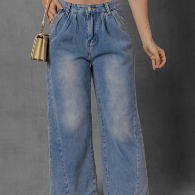 Scottie Blue Washed Pleated Detail Wide Leg Jeans