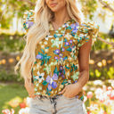 Yellow Medium Scout Floral Tiered Flutter Sleeve V Neck Top