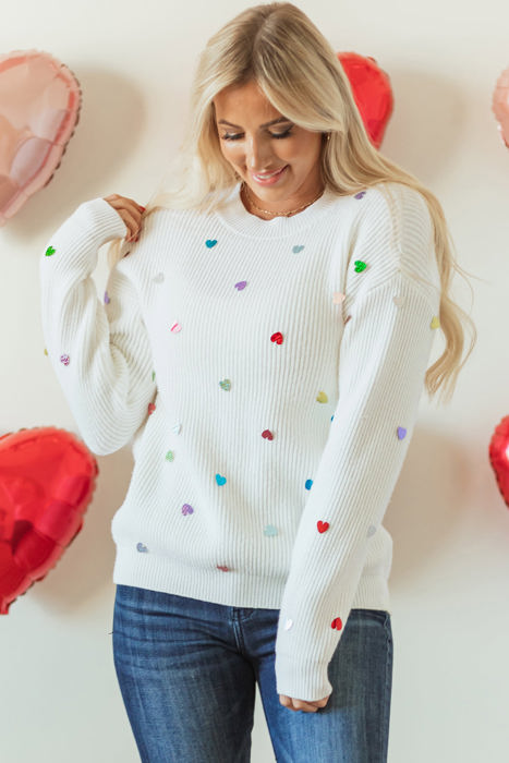 Sequin Heart Waffle Knit Sweater