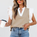  Serena Contrast V Neck Ruffled Textured Knit Top