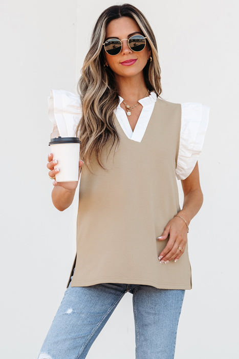 Serena Contrast V Neck Ruffled Textured Knit Top