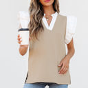  Serena Contrast V Neck Ruffled Textured Knit Top