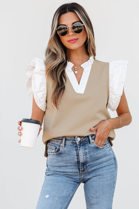 Serena Contrast V Neck Ruffled Textured Knit Top