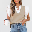  Serena Contrast V Neck Ruffled Textured Knit Top