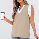 Pale Khaki Medium Serena Contrast V Neck Ruffled Textured Knit Top