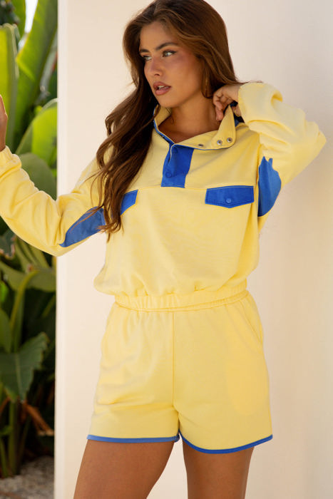 Shelby Patchwork Half Button Pullover and Shorts Outfit