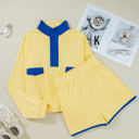  Shelby Patchwork Half Button Pullover and Shorts Outfit