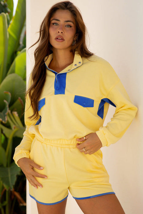 Shelby Patchwork Half Button Pullover and Shorts Outfit
