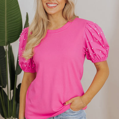 Shiloh Ribbed Pearl Beaded Puff Sleeve Top