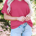 Bright Pink Large Siena Textured Rolled Sleeve V Neck Tee