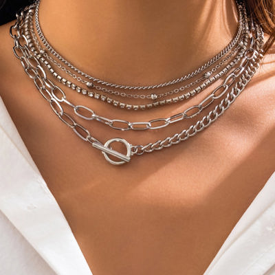 Silver 5pcs Layered Chain Collarbone Necklaces Set