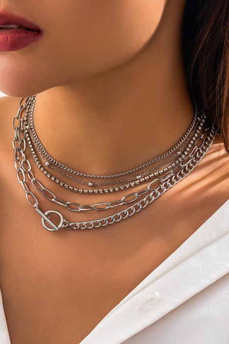 Silver 5pcs Layered Chain Collarbone Necklaces Set